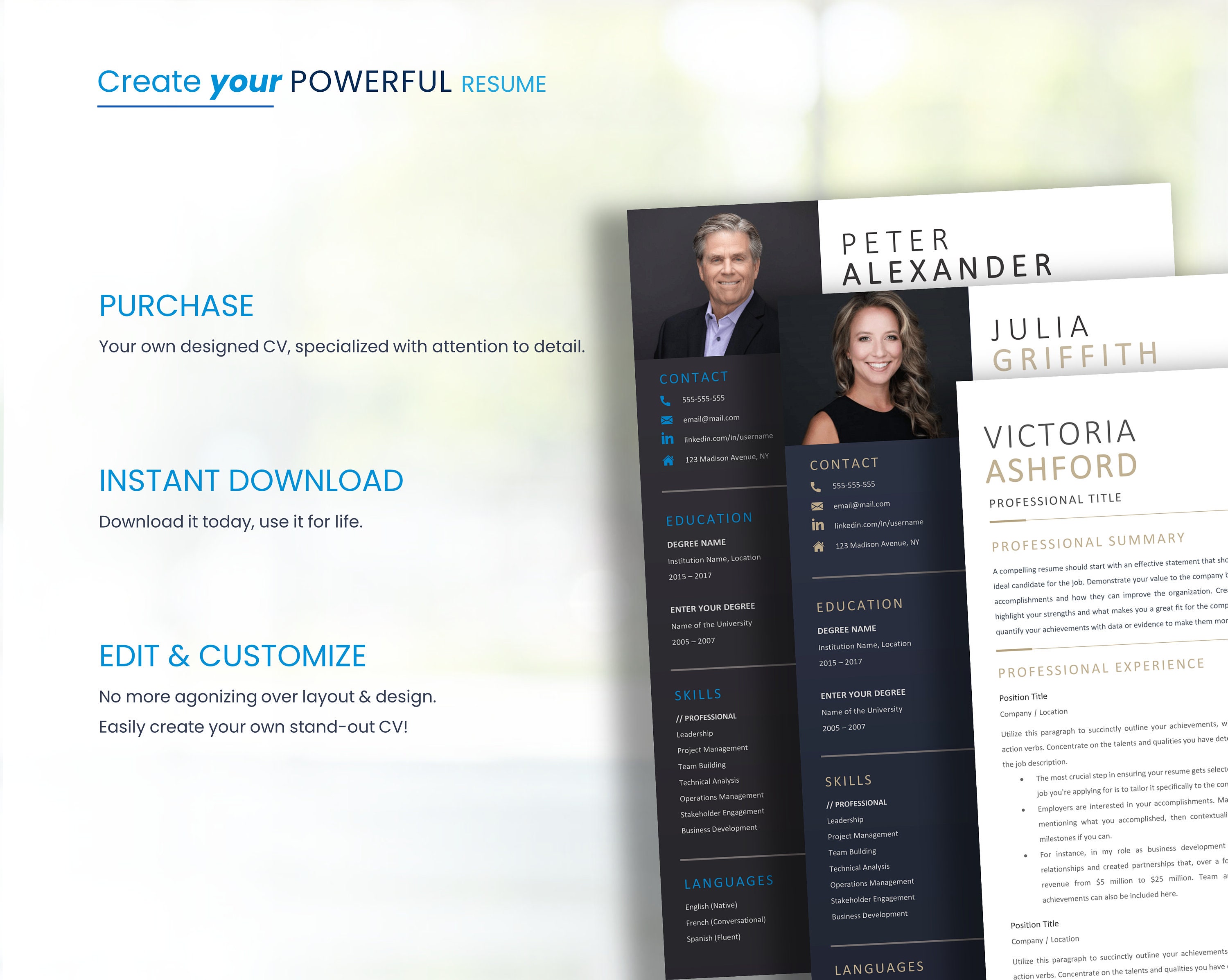 Executive RESUME Word TEMPLATE BUNDLE With Photo Editable Executive RESUME Word TEMPLATE BUNDLE With Photo Editable
