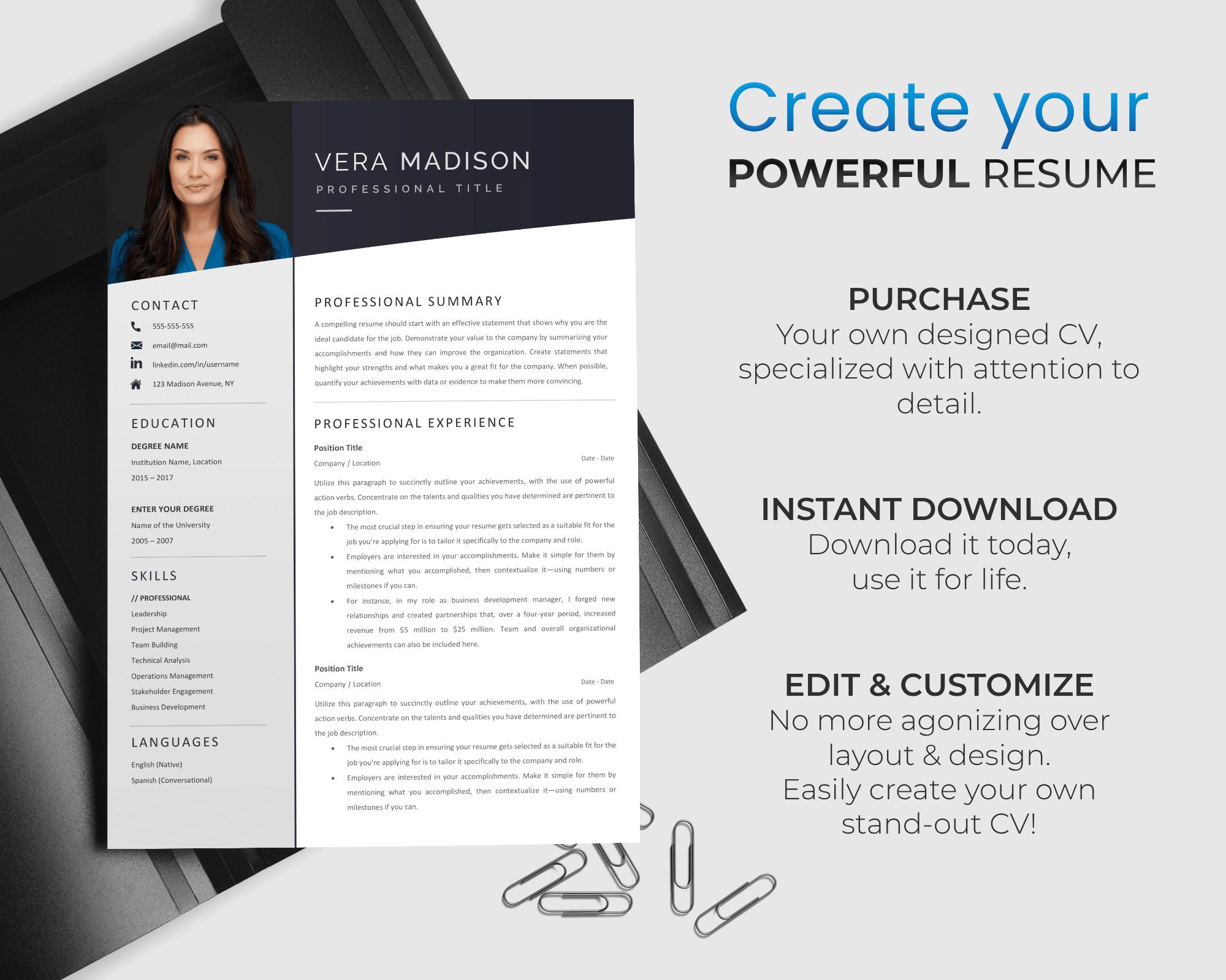 Resume TEMPLATE Professional Modern for Microsoft Word Professional CV ...