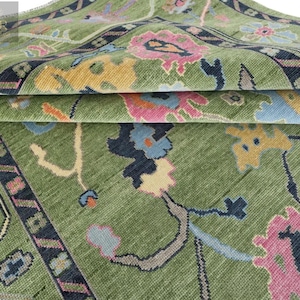 Hand Knotted Green Oushak Rug: 8x10 NZ Wool Turkish Rug