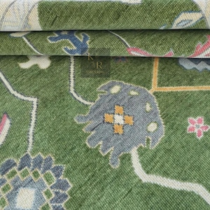 Hand Knotted Green Oushak Rug: 8x10 NZ Wool Turkish Rug