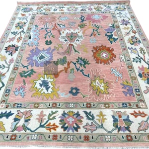 Hand Knotted Oushak Rug: Pink Beige Wool Area Rug, 8x10 ft