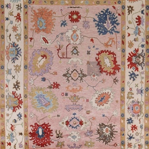Hand Knotted Oushak Rug: Pink Beige Wool, 8x10 ft