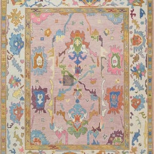 Hand Knotted Oushak Rug: Pink Beige Wool, 8x10 ft