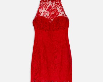 Vintage Ritmo di La Perla Lace Dress – Italian Red Floral Halter (M)