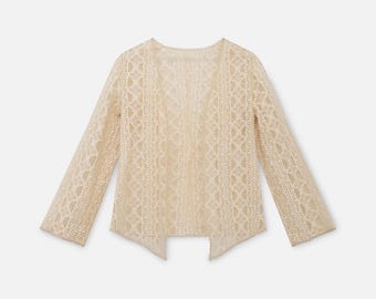 French Vintage Cotton Lace Long Cardigan Cut Out Sheer