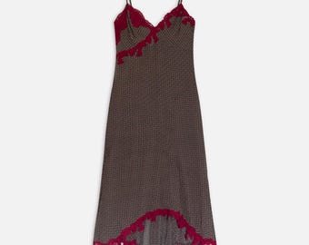 90s Lolita Lempicka Slip Dress – French Burgundy Lace, Geometric Print (XS)