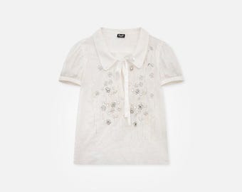 Dolce & Gabbana Vintage Italian Cotton Blouse Peter Pan Collar Floral Beadwork – loose 38EU/6US/S