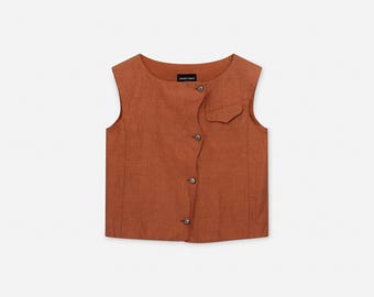 Emporio Armani Vintage Italian Linen Vest Top Burnt Orange Wave Edge – 36EU/4US/XS