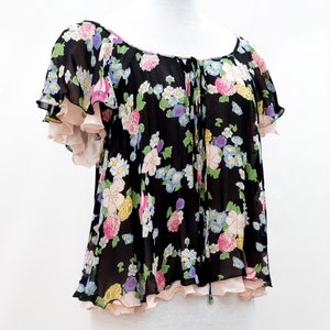 Moschino Cheap and Chic Black Ruffled Floral Top with Pink Underlayer
