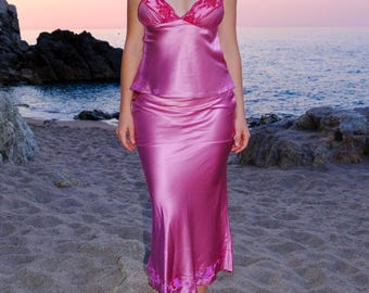Italian Designer Pink Silk Two Piece Beaded Set