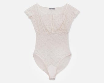 Chantal Thomass Vintage French Lace Bodysuit White Floral Keyhole – 42EU/10US/L