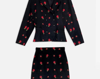 Lolita Lempicka 1980s Vintage French Wool Two-Piece Set Black Red Rose Embroidery