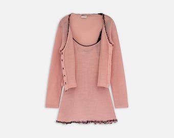 Vintage La Perla Knitwear Set – Rose-Pink Lace Trim Dress & Cardigan (Size M)