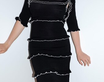 Luisa Spagnoli Vintage Italian Tiered Dress Bolero Set Black White Piping Ruffles – M