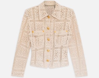 Moschino Vintage Italian Crochet Jacket Cream Floral Lace Gold Buttons – 38EU/6US/S