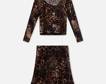 Twin Set Vintage Italian Leopard Print Co-Ord Top Flared Midi Skirt – 40EU/8US/M