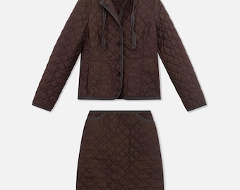 Strenesse Vintage Quilted Padded Two-Piece Set Brown Jacket Midi Skirt – 38EU/6US/S