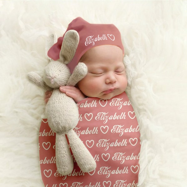 Personalisierte Neugeborenen Swaddle Decke Set, Baby Name Swaddle, Neugeborene Hut Schleife Stirnband, Individuelles Duschgeschenk, Ostern Decke Geschenke