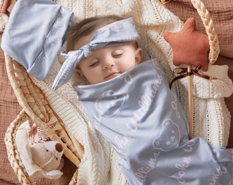 Ensemble de couvertures personnalisables avec prénom pour bébé, langes pour nouveau-né avec chapeau et nœud, cadeaux de couverture de Pâques pour bébé, couvertures avec prénom pour filles et garçons