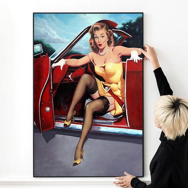 Gil Elvgren Pin Up Exiting Car Poster High Quality Print Photo Wall Art Canvas Cloth Multi size for Gift