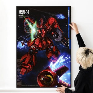 May include: A poster featuring a red and black robot with a blue and white background. The robot is labeled "MSN-04 SAZABI" and "MECHANIC FILE".