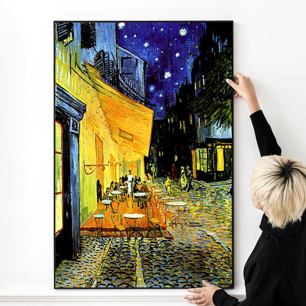 Terrace of a Café Coffee at Night Place du Forum Arles France Painting by Vincent Van Gogh High Quality Print Wall Art Canvas Cloth