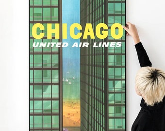 Affiche de voyage vintage de United Airlines Chicago des années 1950, impression de haute qualité, affiche d'art mural en toile, toile
