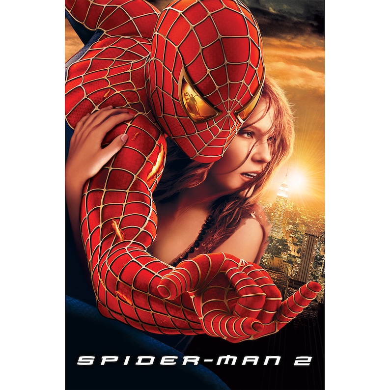 May include: A movie poster for Spider-Man 2, featuring a red and black Spider-Man costume with a woman in the background. The text "Spider-Man 2" is at the bottom of the poster.