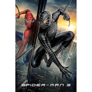 May include: A black and red superhero, Spider-Man, is shown in a dramatic pose against a city backdrop. The superhero is wearing a black suit with red accents and a red mask. The text "Spider-Man 3" is displayed at the bottom of the image.