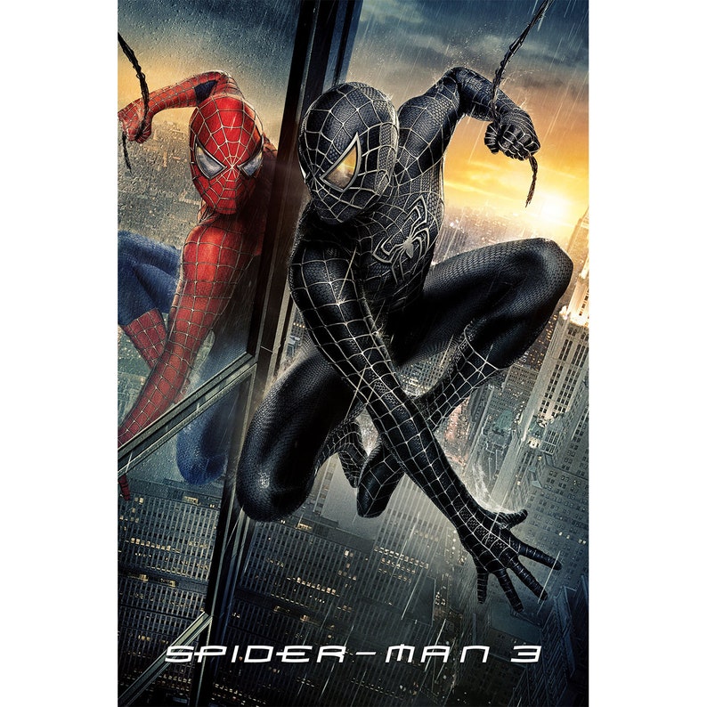 May include: A black and red superhero, Spider-Man, is shown in a dramatic pose against a city backdrop. The superhero is wearing a black suit with red accents and a red mask. The text "Spider-Man 3" is displayed at the bottom of the image.