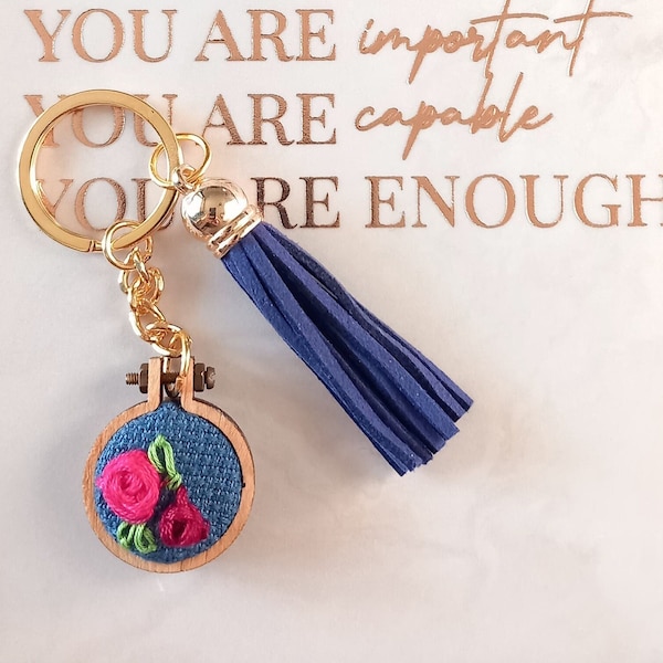 Mini embroidery key chain pendant. Colorful flowers on Navy canvas, Handmade . Embroidery artwork. Fiber pendant. Mini embroidery loom.