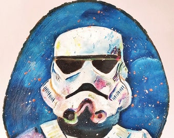 Oil painting on wood. Star Wars drawing, Stormtrooper character. Deep blue villain picture. Awesome gift for Sci-fi fans.