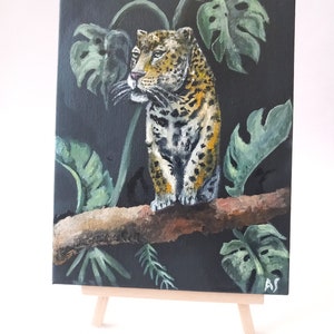 Mini toile de peinture à l'huile Jaguar, illustration de la jungle, peinture naturelle colorée. Des œuvres d'art faites à la main. Photo de la jungle du Brésil.