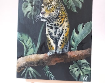 Jaguar oil painting mini canvas, jungle artwork, colorful natural painting. Handmade artworks. Brasil jungle picture.
