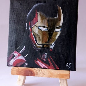 Iron man oil painting mini canvas,Avengers character portrait, red and black drawing, superhero genre picture.