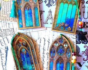 Wood Medieval bookmark. Handmade. Colorful Medieval window bookmark. Original present for Christmas