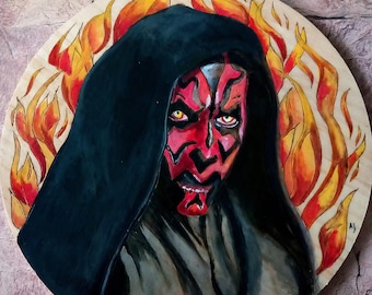 Darth Maul pyrography artwork tribute. Handmade painting, wood burning craft.