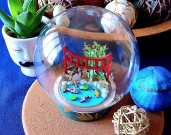 Japanese mini garden diorama, all handmade artwork. Small scale scene, zen garden