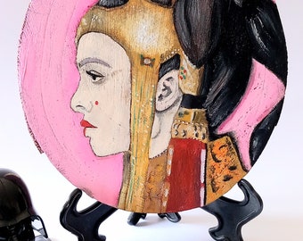 Oil panting on wood Queen Amidala. Star Wars character drawing. Fan artwork. Beautiful portrait sci-fi movies.