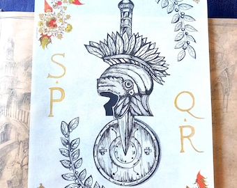 Roman shield and Helm old parchment, ink drawing and gold painting. Handmade artwork on high quality parchment. SPQR symbols.