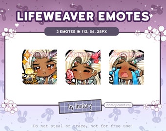 May include: Three digital illustrations of a cartoon character with brown skin and white hair. The character is wearing a white and blue outfit. The character has different facial expressions: smiling, blushing, and crying. The text "LIFEWEAVER EMOTES" is at the top of the image. The text "3 EMOTES IN 112, 56, 28PX" is below the image. The text "by Inntary" is at the bottom left of the image. The text "inntary.carrd.co/" is at the bottom right of the image. The text "Do not steal or trace, not for free use!" is at the bottom centre of the image.