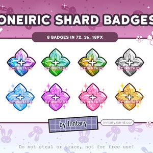 Peut inclure: Huit badges stylisés en forme d'étoile à quatre branches avec une croix au centre. Les badges sont de différentes couleurs, notamment bleu, vert, argent, rose et or. Le texte "by Inntary" apparaît sous les badges.