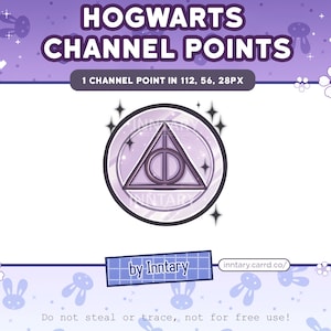 May include: Purple and white digital illustration of the Hogwarts house crest, the Deathly Hallows symbol, with the text "HOGWARTS CHANNEL POINTS" and "1 CHANNEL POINT IN 112, 56, 28PX". The text "by Inntary" and "inntary.carrd.co/" are also included. The background is a light purple with a white bunny rabbit pattern.