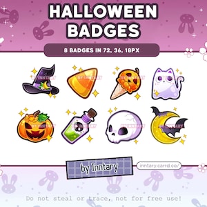 Op de afbeelding: Acht Halloween-badges in verschillende maten, waaronder een heksenhoed, een maïsstok, een ijsje, een spook, een jack-o-lantern, een flesje met toverdrank, een schedel en een vleermuis met maan. De badges zijn in cartoon-stijl met felle kleuren en glinsterende details.
