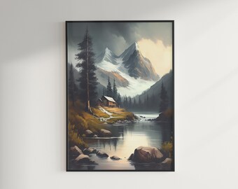 Idyllic Beauty: Oil Painting of a Snowcapped Mountain and a Cabin by the River, Digital Download