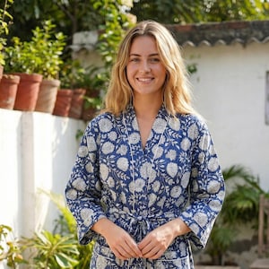 Blue Floral Block Print Soft Cotton Kimono Robe, Handmade Night/Bath Gown, Free Size Robe