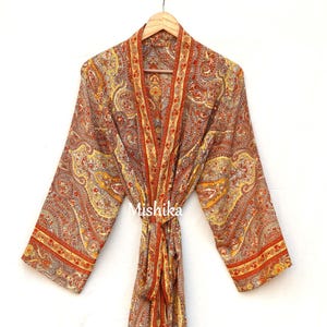 Indian Silk Kimono Robe, Recycled Soft Sari Fabric Handmade Bath Robe For Her