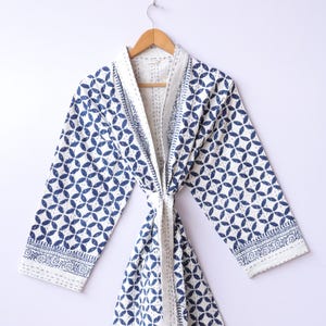 Indigo Handmade Kantha Quilted Kimono Robe, Block Print Duster Jacket, Open Front Long Gown