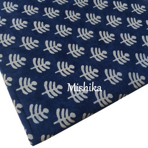 Indigo Blue Leaf Pattern Block Print Cotton Fabric, Indian Voile Fabric By The Yard Dress Crafting
