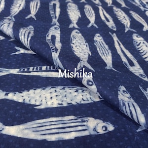 Indigo Fish Print Cotton Fabric, Soft Dressmaking Sewing Fabric, Sarong/Robes/Curtain Cloth